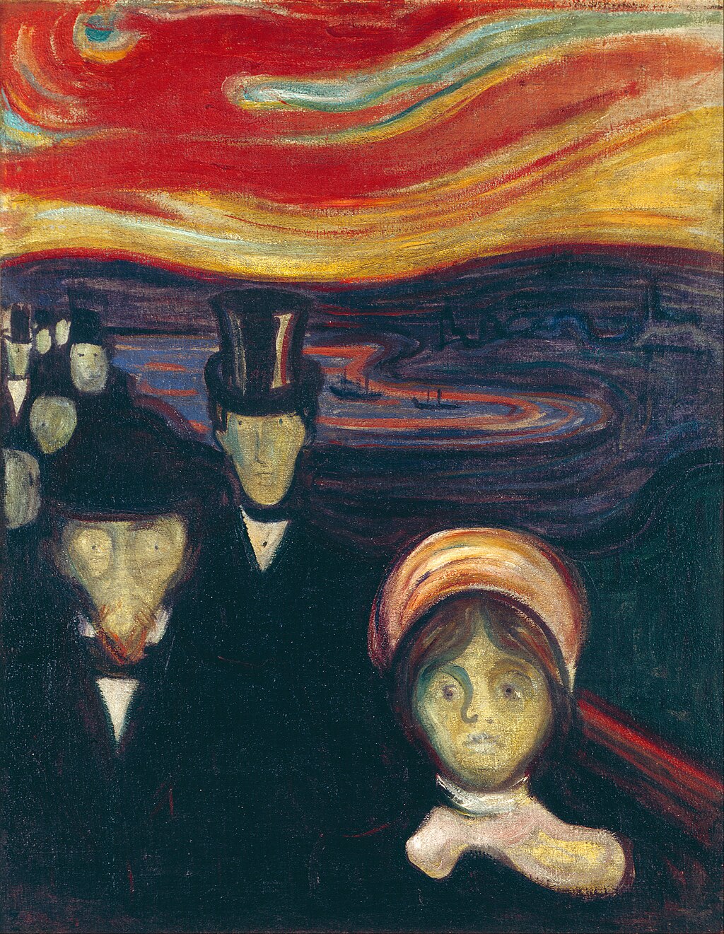 A crowd of ghostly, pale-faced figures in dark clothing and top hats walk along a pier against a turbulent, swirling sky of deep blues and oranges, their hollow expressions conveying collective dread and unease.