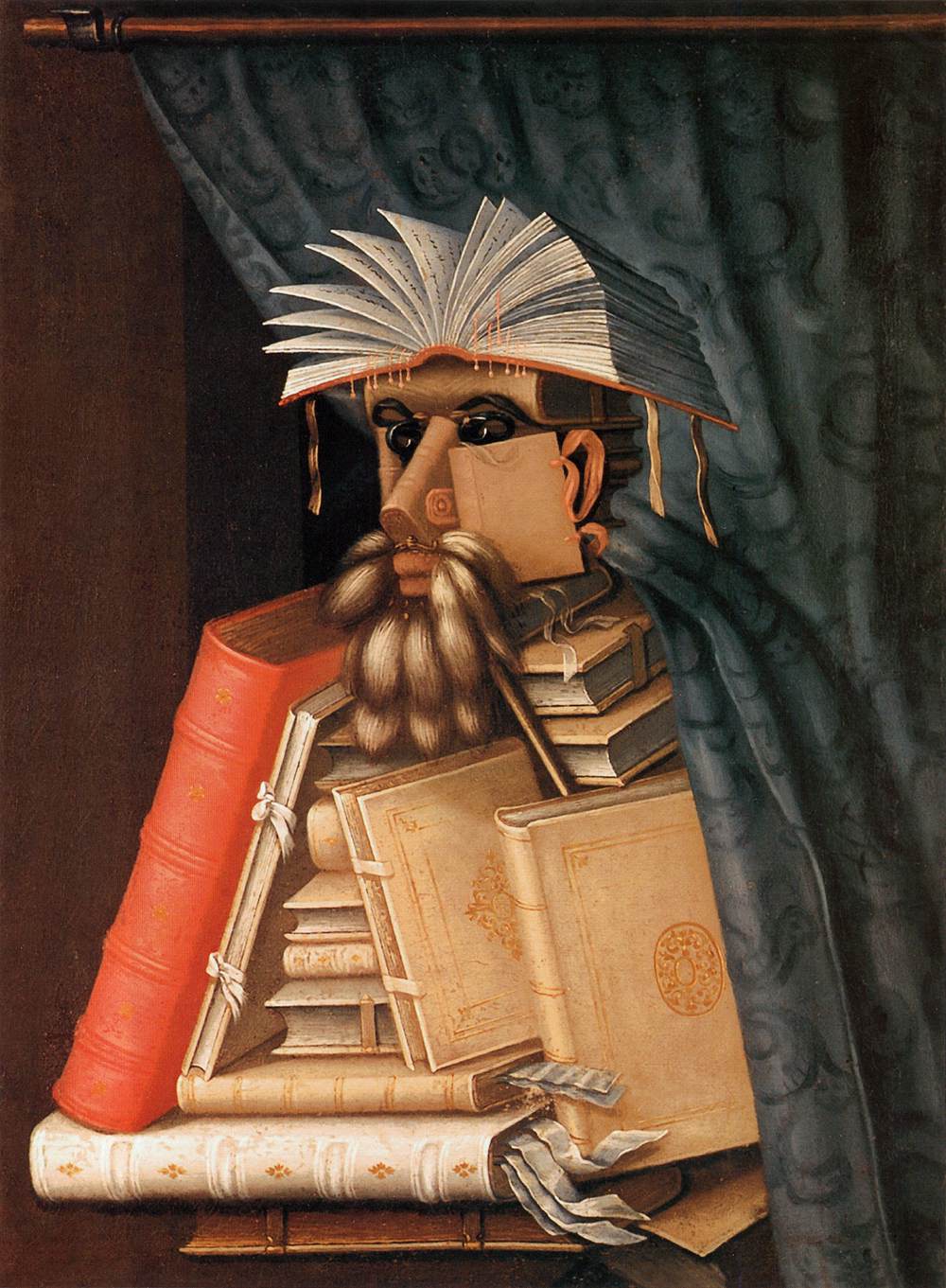 Giuseppe Arcimboldo's 16th-century painting The Librarian,
a portrait of a man composed entirely of books,
with an open book splayed on top for hair, a bushy beard of dusters,
and a red-bound volume for an arm, set against a blue-gray curtain.