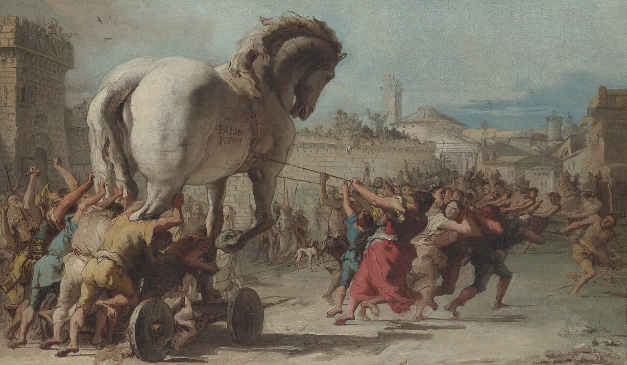 Giovanni Domenico Tiepolo's 18th-century painting of the giant wooden Trojan horse
being hauled through a breach in the walls of Troy by a straining crowd,
with citizens celebrating around it beneath a cloudy sky.