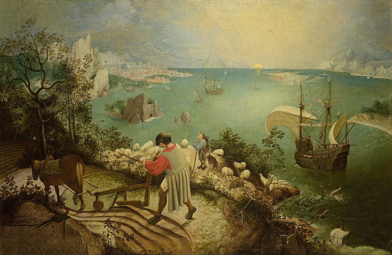 A pastoral landscape with a farmer plowing in the foreground, a shepherd gazing upward, and ships in a harbor, while in the lower right corner a pair of legs disappears into the sea — the fall of Icarus, unnoticed by all.