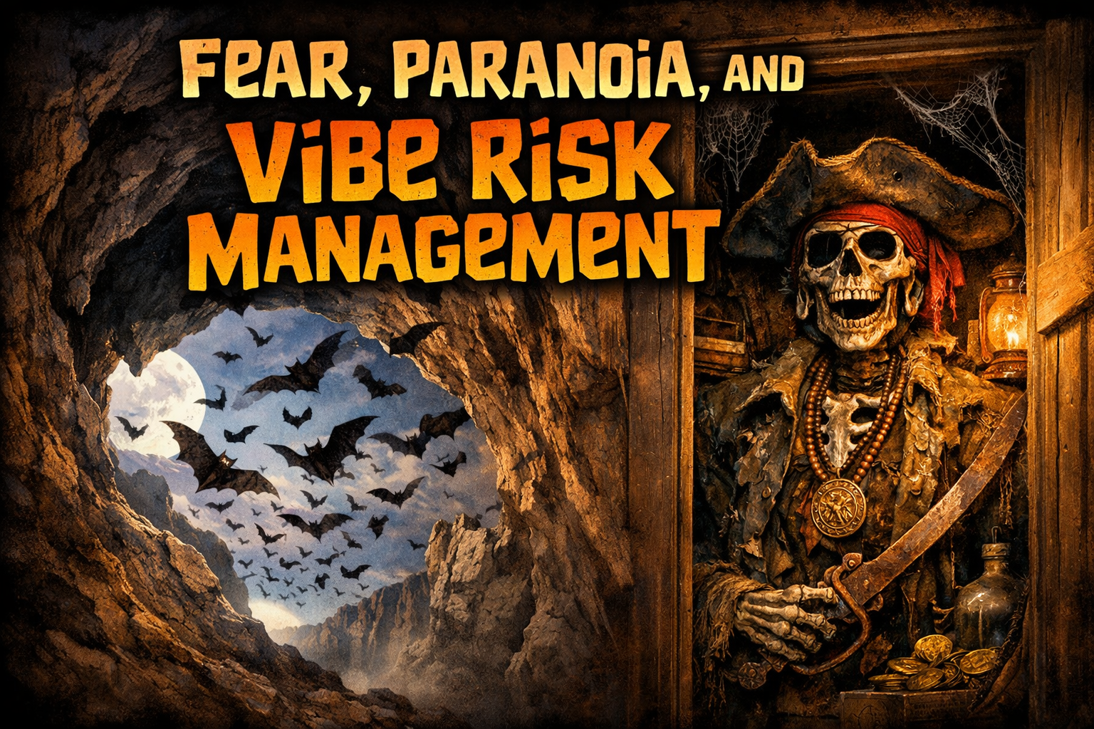 A landscape, movie-poster-style illustration inspired by 1980s adventure films. On the left, a rocky cave opening frames a bright moon as dozens of bats fly outward into the night sky. On the right, inside a dusty wooden closet, a grinning pirate skeleton wearing a hat and medallion holds a cutlass beside scattered gold coins and an old lantern. Bold retro lettering across the top reads "Fear, Paranoia, and Vibe Risk Management."