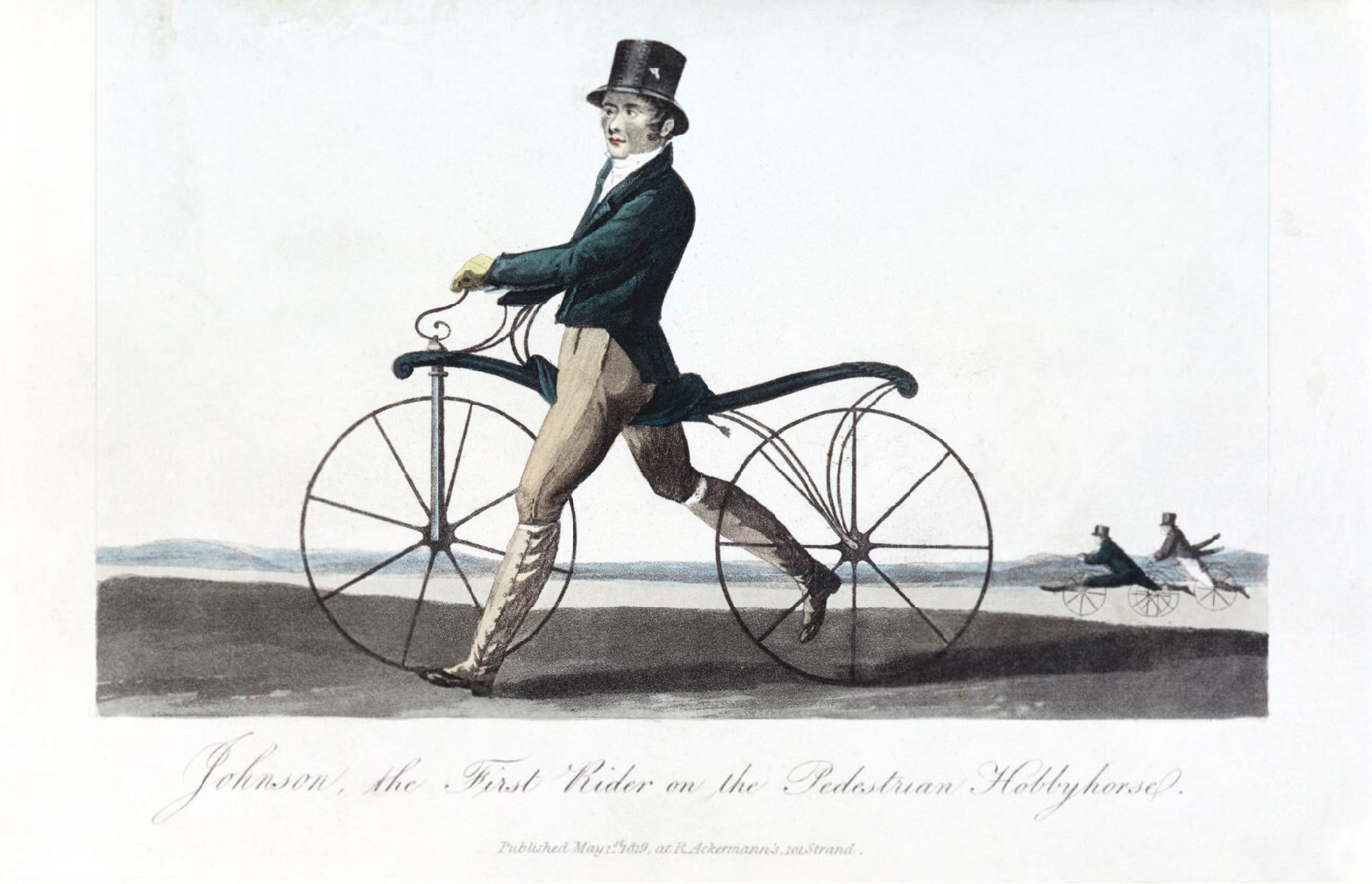 A hand-colored print of a gentleman in a top hat and tailcoat riding an early two-wheeled hobbyhorse, with another rider visible in the distance.