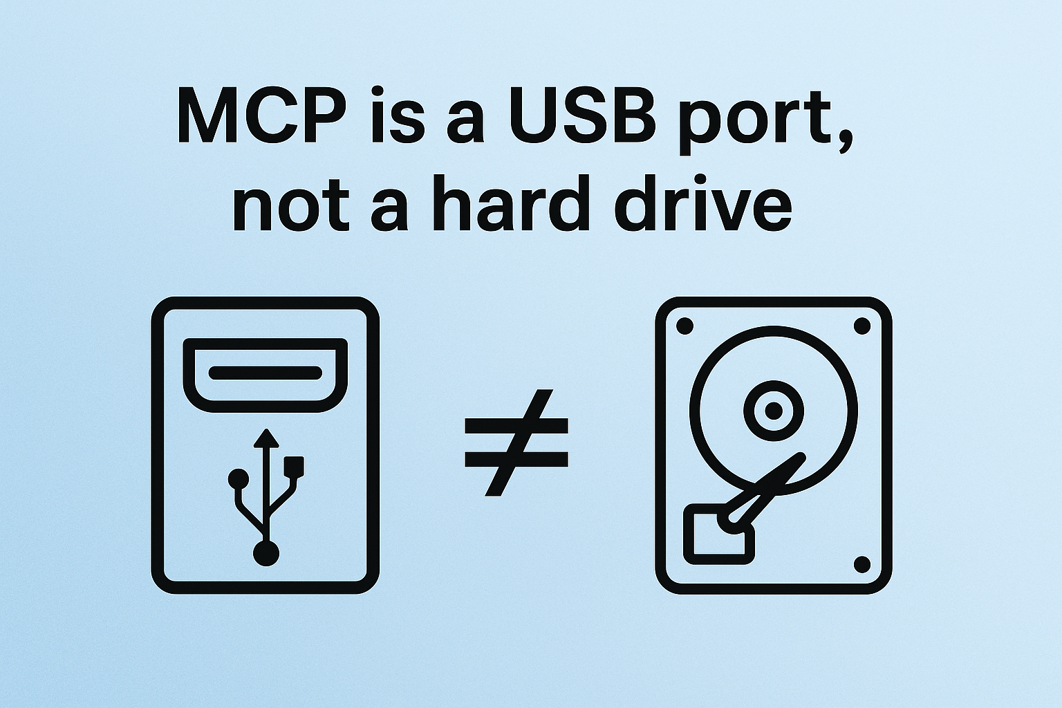 A minimalist graphic with the phrase “MCP is a USB port, not a hard drive” in bold black text on a light blue gradient background. Below the text are two black icons: a USB port on the left and a hard drive on the right, separated by a “not equal to” (≠) symbol, emphasizing the conceptual difference.