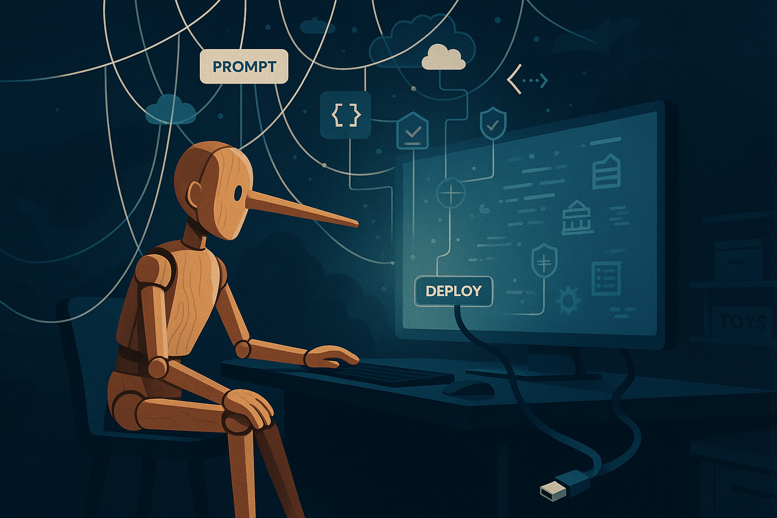 A wooden marionette with a long nose sits at a developer’s desk, strings tied to floating "PROMPT" and code icons, facing a monitor where a flow diagram ends at a glowing "DEPLOY" button; a loose cable and a shelf labeled "TOYS" underscore the fragile, toy-like nature of the build.