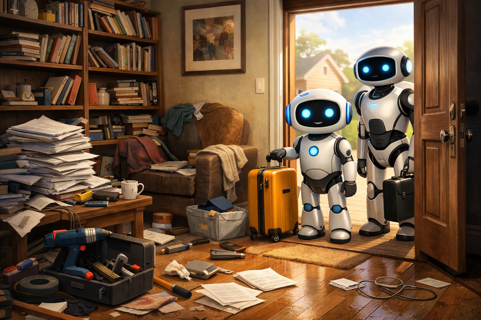 A digital illustration of a cluttered living room with piles of papers, books on crowded shelves, and tools scattered on the floor. Two friendly, futuristic AI robots stand just inside the open front door holding suitcases, looking into the disorganized space as sunlight streams in from outside, suggesting AI arriving as a guest in an untidy home.