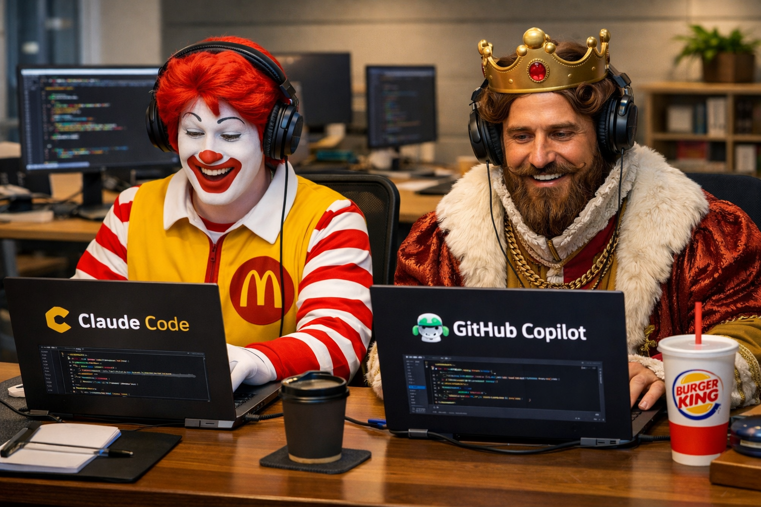 Ronald McDonald and the Burger King sit side by side at a shared desk in a modern office, each wearing headphones and smiling while coding on laptops. Ronald, in his yellow-and-red striped outfit and clown makeup, works on a laptop labeled “Claude Code,” while the Burger King, dressed in a crown and fur-trimmed robe, uses a laptop labeled “GitHub Copilot.” Code is visible on both screens, with coffee cups and monitors in the background, creating a playful contrast between fast-food mascots and serious software development.