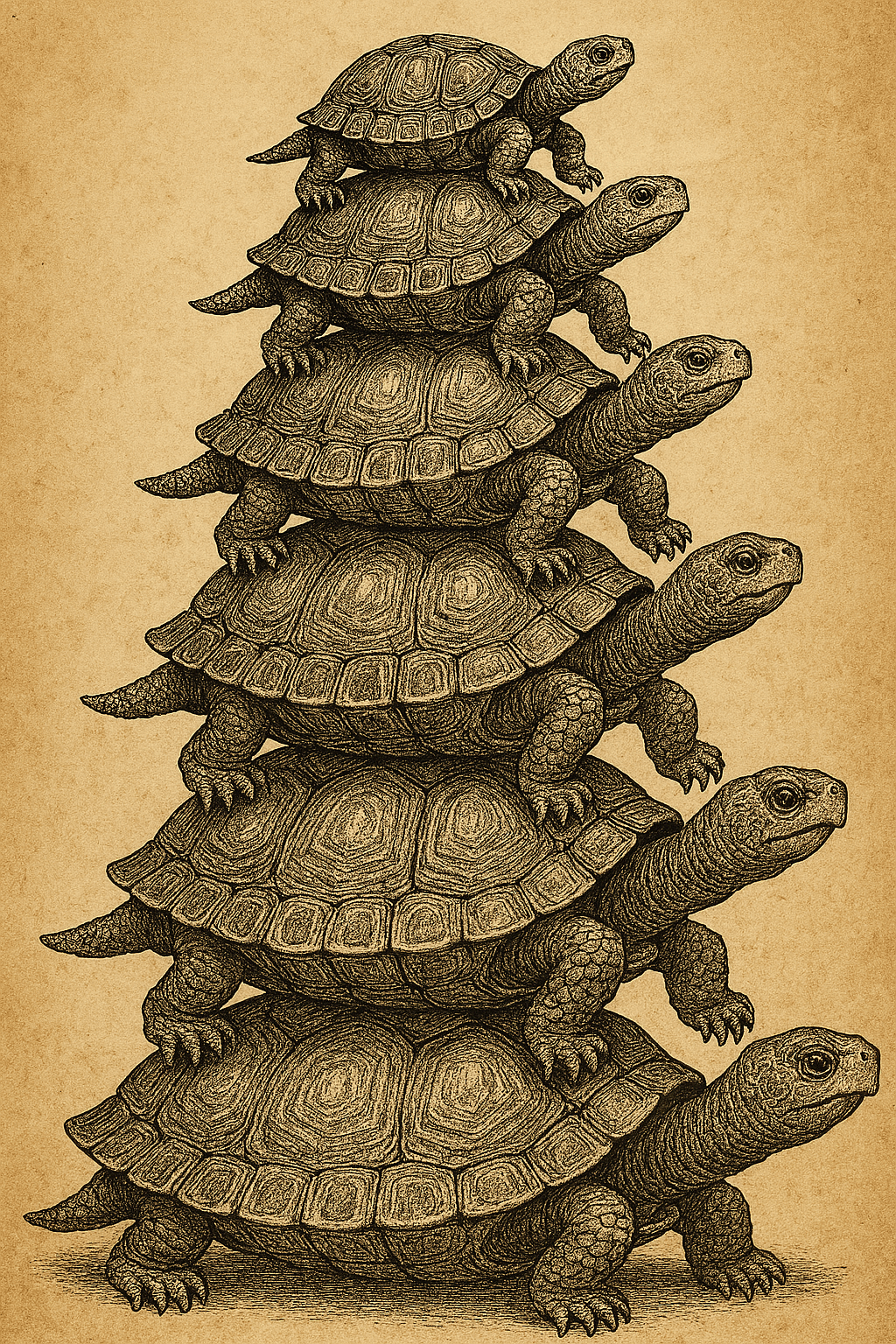 A generated image of turtles all the way down, courtesy of ChatGPT