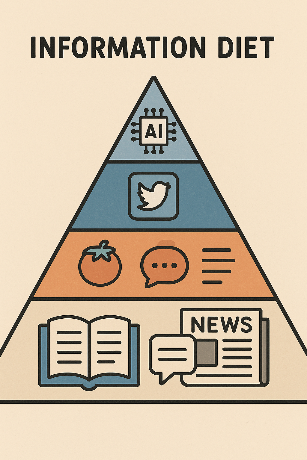 A stylized illustration of an 'Information Diet' pyramid. The pyramid is divided into four layers from bottom to top: books, speech bubbles, and newspapers at the base; social media icons and short-form content in the middle; the Twitter bird icon in the upper tier; and a microchip labeled 'AI' at the top. The design uses muted shades of beige, blue, and orange to convey different types of information sources.