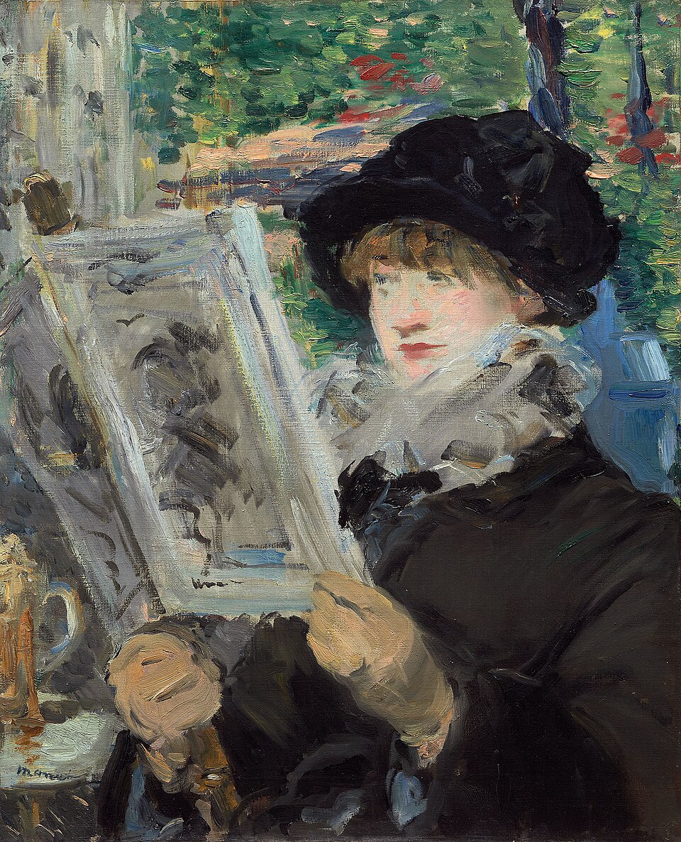 An impressionist oil painting of a woman in a black hat and dark dress reading a newspaper in a sunlit garden.